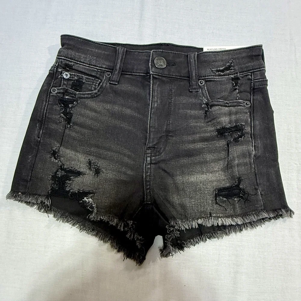 American‎ Eagle Women's 0 Next Level Stretch Hi-Rise Shortie Denim Shorts Black